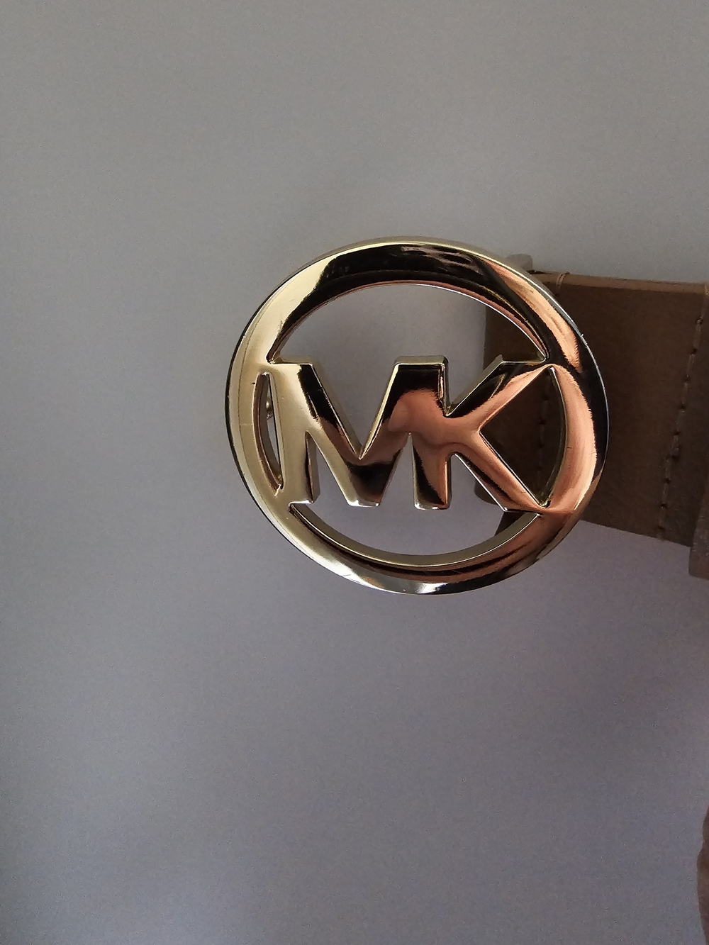Michael Kors Gold MK Round Logo Belt - Tan Leather